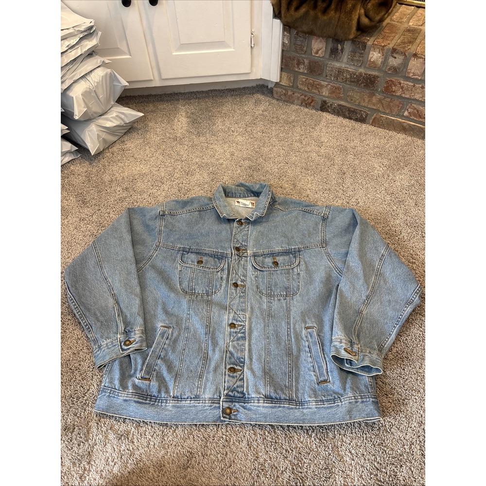Wrangler Mens 2XL Size Rugged Wear Vintage Denim Trucker Jacket Blue Wash Y2K